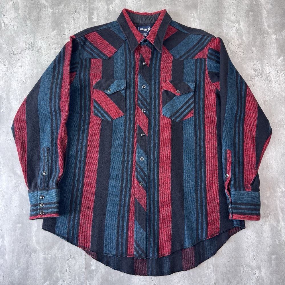 Vintage Wrangler Brushpopper Shirt Mens XL Red Teal Stripe Pearl Snap Western
